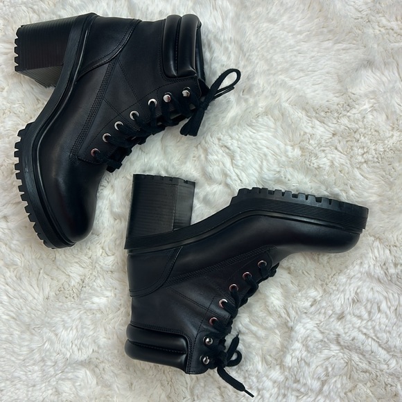 Zara Black Leather Combat Boots Stacked Heel Lug Sole - Picture 11 of 12